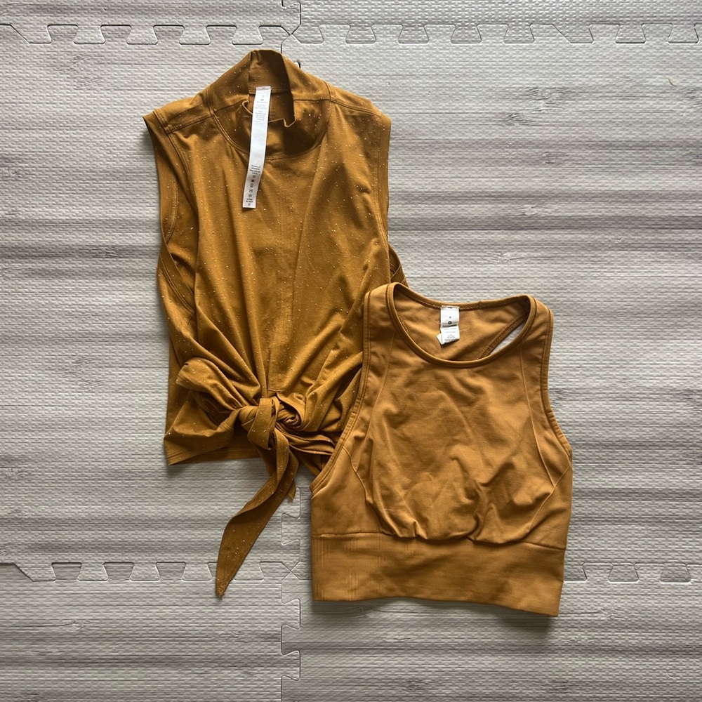 Lululemon Ebb to Train Bra and Time to Restore Mock Neck Tank in Spiced Bronze